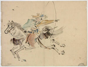 Bogenschütze auf Pferd, Yabusame (jap. 流鏑馬) von Anonym