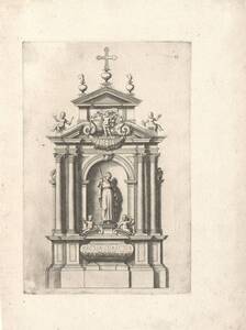 Altar, bzw. Epitaph, Blatt 11 aus der Folge „Diversi Ornamenti Capricciosi per Depositi o Altari etc.”, herausgegeben von G. B. Soria (vom Bearbeiter vergebener Titel) von Montano, Giovanni Battista
