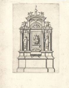 Altar, bzw. Epitaph, Blatt 33 aus der Folge „Diversi Ornamenti Capricciosi per Depositi o Altari etc.”, herausgegeben von G. B. Soria (vom Bearbeiter vergebener Titel) von Montano, Giovanni Battista
