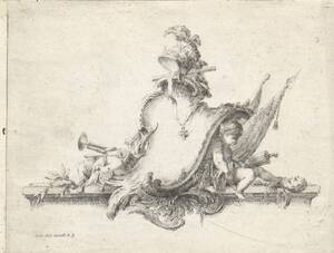 Rocaille- Kartusche mit einem Putto und Musikinstrumenten (vom Bearbeiter vergebener Titel) von Meil, Johann Wilhelm