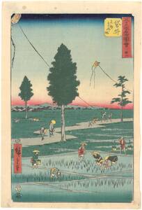 Blatt 28: Fukuroi, Die berühmten Papierdrachen aus der Provinz Totomi (nijūhachi, Fukuroi meibutsu Enshū tako 廿八、袋井名物遠州凧) von Anonym