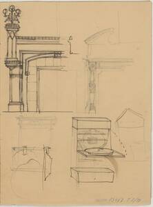 Entwürfe und Skizzen für zwei Kaminummantelungen sowie für einen Waschschrank (deskriptiver Titel) von Backé, Heinrich Hof-Tapezierer