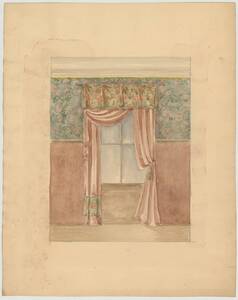 Entwurfszeichnung für eine Fensterdraperie, mit einem in Rosa und Grün gehaltenem Blumenornament (vom Bearbeiter vergebener Titel) von M. Niedermoser & Sohn