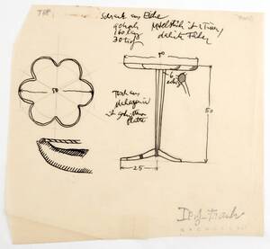 Planzeichnung für einen Beistelltisch aus Mahagoni mit geschnittener Platte in Form einer Blume (T88) (vom Bearbeiter vergebener Titel) von Frank, Josef