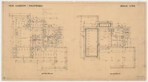 Original floor plan of the mezzanine and basement floor with markings and notes, for the Claëson house in Falsterbo by Josef Frank (vom Bearbeiter vergebener Titel) von Frank, Josef
