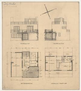 Original plans of two façade views and the floor plans of the mezzanine and first floor for the Claëson house in Falsterbo by Josef Frank (vom Bearbeiter vergebener Titel) von Frank, Josef