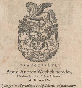Signet der Erben des Andreas Wechel, Pegasus über zwei Füllhörnern, in der Mitte derselben der Caduceus (vom Bearbeiter vergebener Titel) von Anonym