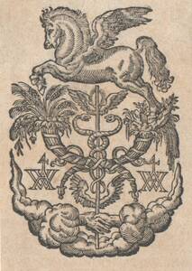 Signet der Erben des Andreas Wechel, Pegasus über zwei Füllhörnern, in der Mitte derselben der Caduceus (vom Bearbeiter vergebener Titel) von Anonym