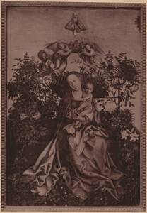 Lichtdruck eines Gemäldes "Madonna im Rosengarten" aus dem Umkreis Martin Schongauers (vom Bearbeiter vergebener Titel) von Anonym