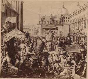 Fotografie eines Kupferstichs nach einer venezianischen Malerei mit einer Szene am Markusplatz mit König und Papst (vom Bearbeiter vergebener Titel) von Anonym