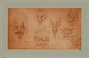 Fotografie einer Zeichnung mehrerer Gesichter, Masken und Fratzen, von Michelangelo Buonarroti (vom Bearbeiter vergebener Titel) von Braun, Adolphe
