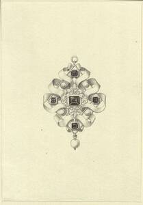 Kopie eines Goldanhängers mit Schleifenornament , fünf in Kreuzform angeordneten Edelsteinen und einem Pendeloque (vom Bearbeiter vergebener Titel) von Anonym