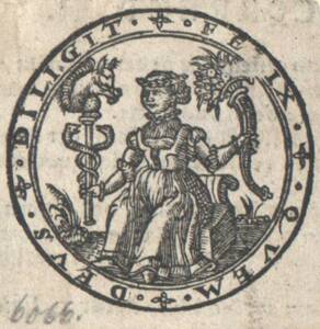 Signet des Johann Eichorn, eine sitzende Frau in der Rechten den Caduceus mit einem Eichhörnchen in der Linken ein Füllhorn (vom Bearbeiter vergebener Titel) von Anonym