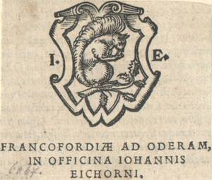 Signet des Johann Eichorn, das auf einem Zweig sitzende Eichhörnchen in einem Wappenschild (vom Bearbeiter vergebener Titel) von Anonym