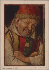 Druckprobe von dem ehem. Pieter Bruegel zugeschriebenen Werk "Der ferraresische Hofnarr Gonella" von Jean Fouquet, ausgestellt auf der Exposition Internationale des Arts Décoratifs et Industriels Modernes Paris 1925 von Fouquet, Jean